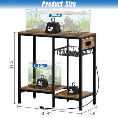 20 Gallon Fish Tank Stand with Power Outlet & Adjustable Shelves | Metal Aquarium Stand with Pull Out Wire Tray, Ample Storage for Fish Tanks Accessories, Reptile Tank Stands, Brown