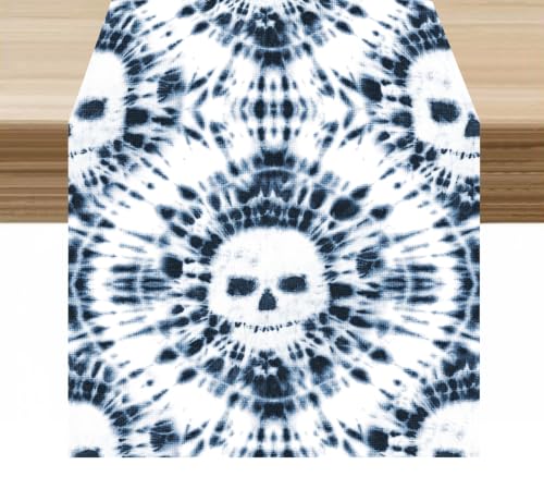 Skull Table Runner Blue White Abstract Tie Dye Skull Halloween Decor for Indoor Outdoor Party Dinner Festival Farmhouse Holiday Home Kitchen Dining Room, 13x36in - color: Skeleton-white2, size: 13x36in