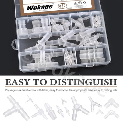 36Pcs Plastic Hose Barb Fitting Kit, 3/32" 5/32" 7/32" 1/16" 3/16" 5/16" 7/16" 9/16" 3/8" 1/4" 1/2" Stright/L/T/Y-Shaped Reducer fittings Pipe Connectors Aquarium Union Joint Splicer Adapter - style: Style 2