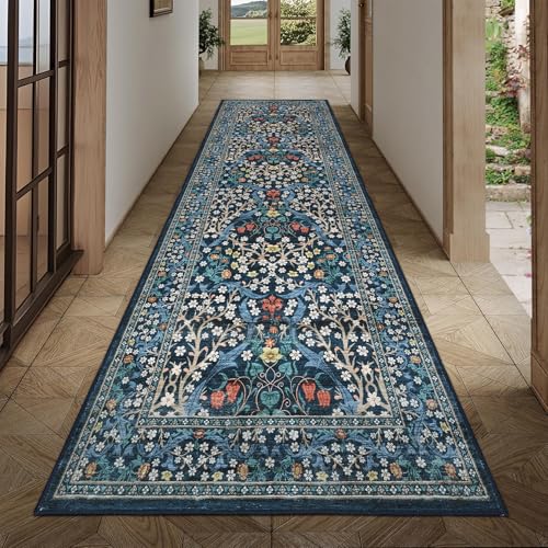 GarveeHome Floral Hallway Runner Rug, 2.5x8 Kitchen Runner Rugs, Washable Non Slip Entryway Rugs Indoor, Ultra-Thin Stain Resistant Carpet Floor Mat for Laundry Room, Dark Blue - color: B.blue, size: 2'6" x 8' (Runner)