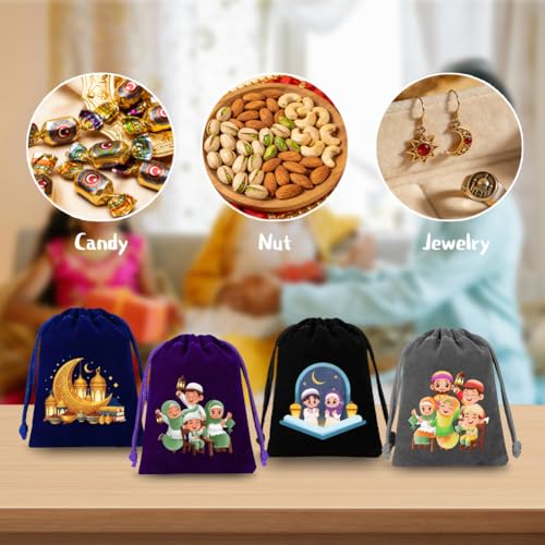 12 Pcs Mini Ramadan Velvet Drawstring Bags,Eid Mubarak Gift Bags Islamic Mosque Moon Star Drawstring Pouches Dice Jewelry Packing Bag for Arabic Muslim Islam Eid al-Adha Party Favor,2.7x 3.5 Inch