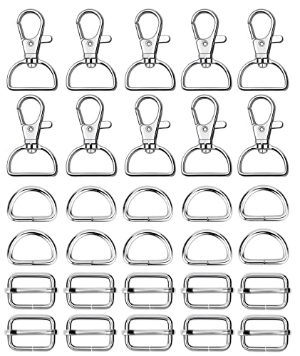 WAFJAMF Metal Snap Hook Ring Bulk 30 Pcs, Swivel Clasp Buckle and Non-Welded D Ring 10Pcs, Adjustable Rectangular Buckle (1' Inside Width Sliver) - color: Silver-2, size: 1” Inside Width