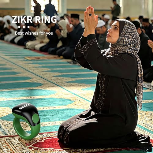 Smart Tasbih Zikr Ring,Adjustable Counter, 3 Sizes (18,20,22mm) Muslim Digital Azan Alarm Clock,APP Support Digital Counter Prayer Reminder Rings, Waterproof 5 Digit Finger Counter zikr Ring(Green) - color: Green