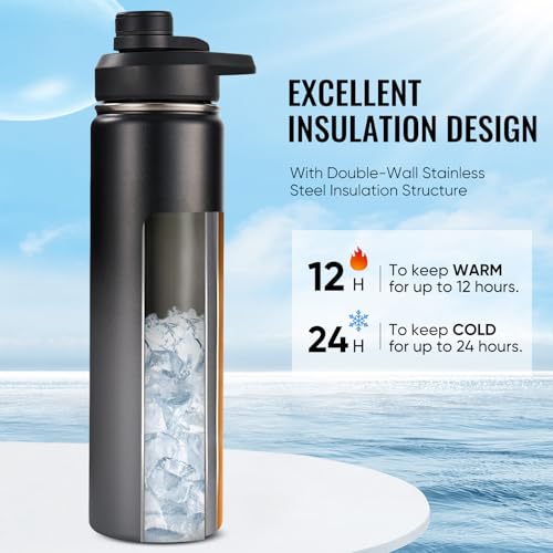 Fijinhom Insulated Water Bottle with Handle, 304 Stainless Steel Water Bottles with Wide Mouth, Double Wall Vacuum Sports Water Bottle, BPA Free, Keep Cold and Hot, 24 Ounces, Black/Gray - color: Black/Gray, size: 24 Ounces
