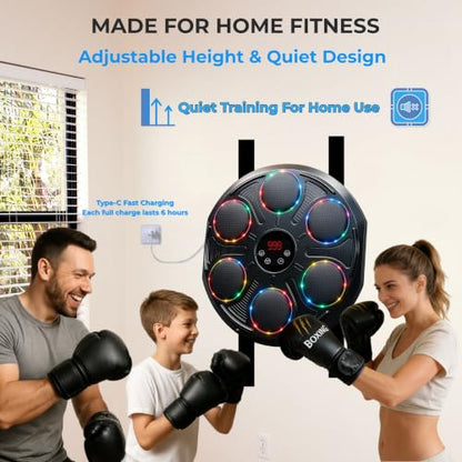 Premium Heavy Duty Burwayo Smart Music Boxing Machine for Adults | Wall-Mounted Bluetooth Punching Pad with Lights, 12 Modes Speeds, Adjustable Height, Gloves Included – Home Fitness for Teens