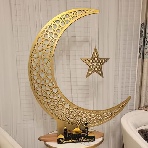 iwa concept Metal Crescent Islamic Decor, Moon and Star Ramadan Art, Islamic Table Top Decoration Gift for Muslims in Ramadan Eid (102 x 86 cm | 40.2 x 33.9 inches | Large) - size: 40"L x 40.2"W
