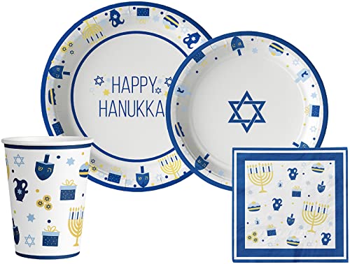 Happy Hanukkah Tableware Pack: Disposable Paper Plates, Napkins and Cups Set for 20 - color: Happy Hanukkah