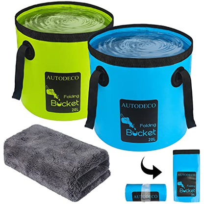 2 Pack Collapsible Bucket 5 Gallon Container Folding Water Bucket Portable Wash Basin for Outdoor Travelling Camping Fishing Gardening Car Washing 20L - color: Blue & Green