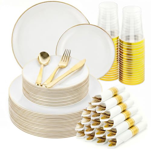 350pcs Plastic Dinnerware Set White and Gold for 50 Guests - color: White, size: 350pcs（50guests）