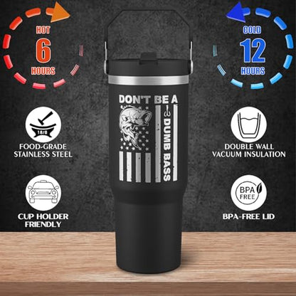 Fisherman Gifts For Men - Cool American Flag Cup - 30oz Insulated Fishing Tumbler with Handle - Fathers Day,Birthday,Christmas Gifts for Dad,Grandpa,Husband,Uncle - color: Black-fishing 01