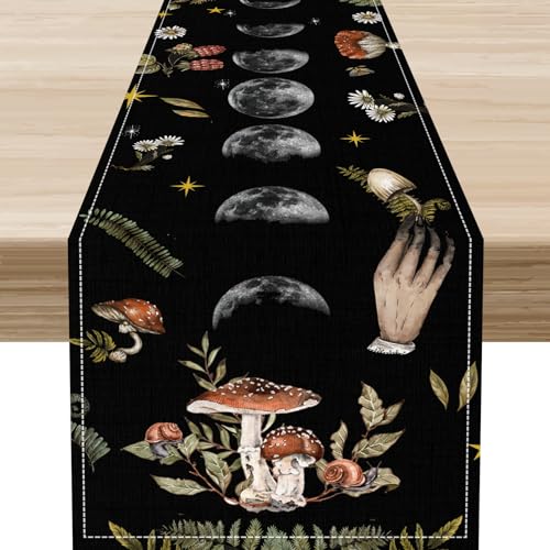 Mystical Sun Moon Table Runner,Vintage Mushroom Gothic Floral Moon Pattern Print Linen Coffee Table Center Decor for Family Kitchen Farmhouse Holiday Party Table Decorations Indoor Outdoor 13x36 inch - color: Fmoon-5, size: 13x36" Table Runner