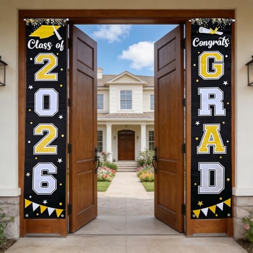 2026 Graduation Decorations, Black & Gold Class of Decorations 2026, Graduation Porch Banners for Any Schools or Grades Party Supplies - color: Black Gold