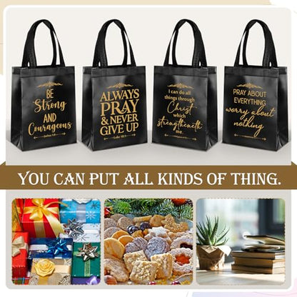 Aliceset 64 Pcs Christian Gift Bags Bulk with Handles for Church Favors Reusable Medium Bible Verse Religious Gift Bags Non Woven Welcome Totes for Baptism Vacation Bible School Gifts (Black) - color: Black