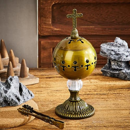 Zonon 1 Set Incense Burner with Tong, Frankincense Charcoal Incense Stand Holder, Ideal for Yoga, Spa, Aromatherapy, Home and Christian Church Censer (Bronze,Retro) - color: Bronze, size: Retro