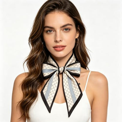 Silky Satin Long Skinny Head Scarf for Women - Neck Hair Scarf, Purse Bag Belt Accessory, Silk Feeling, 57"x5" - color: White Stripes07