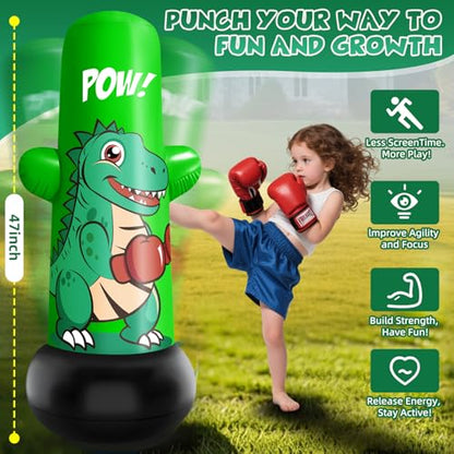 Inflatable Dino Punching Bag for Kids, 47” Tall Bop Bag Punching Toy, Inflatable Dinosaur Toy with Bounce- Back Action for Ages 3-8, Great for Boys and Girls