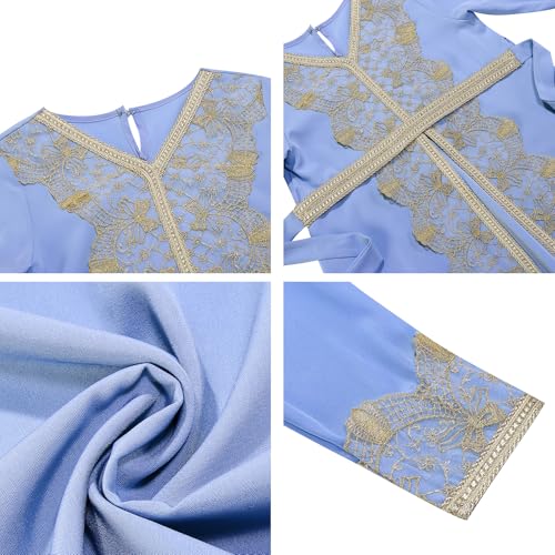 FYMNSI Kids Girls Muslim Abaya Dress Modest Lace Belted Prayer Dress Islamic Maxi Robe Kaftan Ramadan Arabian Dubai Clothes - color: Blue, size: 8-9 Years