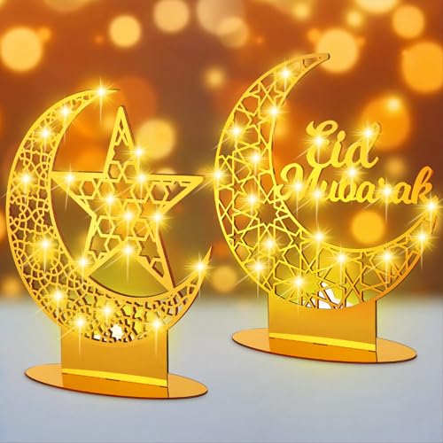 Tujoe 2 Pcs Ramadan Decorations Eid Mubarak Night Light Tabletop Decoration Light up Moon Star Castle Table Decor Ramadan Acrylic Lantern for Home Islamic Muslim Party Supplies(Classic)