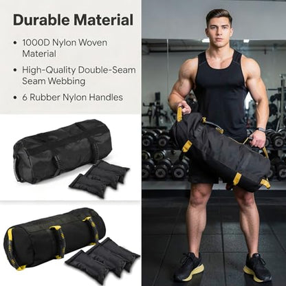 Taeku Fitness Sandbag with Handles, Adjustable Weight Training Bag | 1000D Oxford Fabric, Six Handles, Three Filler Bags, Adjustable Weight, Waterproof, Home Gym & MMA - color: Yellow