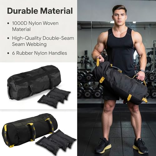 Taeku Fitness Sandbag with Handles, Adjustable Weight Training Bag | 1000D Oxford Fabric, Six Handles, Three Filler Bags, Adjustable Weight, Waterproof, Home Gym & MMA - color: Black