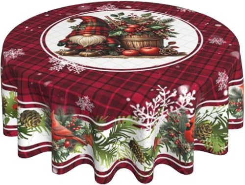 Christmas Bird Gnome Tablecloth Red Plaid Round Table Cover Washable Table Cloth for Home Kitchen Party Picnic 60 Inch - color: Christmas Bird Gnome