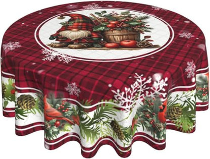 Christmas Bird Gnome Tablecloth Red Plaid Round Table Cover Washable Table Cloth for Home Kitchen Party Picnic 60 Inch - color: Christmas Bird Gnome
