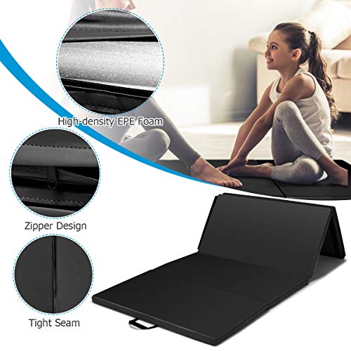 Giantex 4'x8' Gymnastics Mat, 2" Thick Folding Tumbling Mat with Carrying Handles, Foldable Gym Mat with Hook and Loop Fastener, Cheer Mats for Kids Adults Home Exercise Aerobics Fitness - color: Black