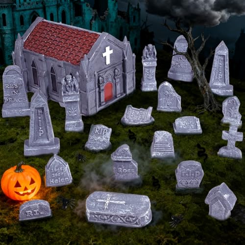 Rileryan 20 PCS Miniature Gravestone Tombstones Figurines | DIY Graveyard Cemetery Scenes Gargoyle Church for Halloween Village Decorations Accessories Haunted Scenery Terrain