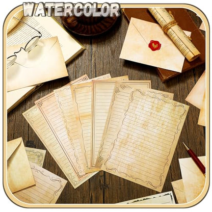 TaoBary 160 Pcs Stationery Paper Set 50 Double Sided Stationery Papers with 50 Matching Envelopes and 60 Round Dot Sticker, 10 Design(Vintage,5.5 x 8.25 Inch) - size: 5.5 x 8.25 Inch, style: Vintage