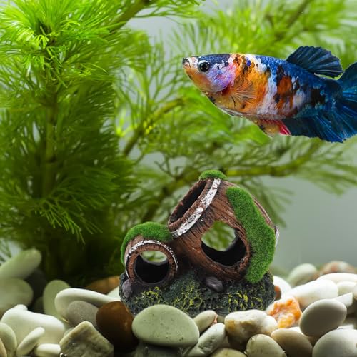 Aquarium Barrel Hideout Resin Fish Tank Decor Ornament Double Broken Barrel Landscaping Cave for Betta and Reptile Tanks Small Size