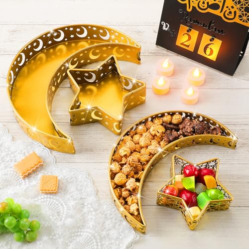 4 Pcs Eid Mubarak Trays Decor Ramadan Moon Serving Trays Star Islam Muslim Food Serving Tray Iron Tray Decorations for Ramadan Islam Party Dessert Pastry Display Holder Decoration