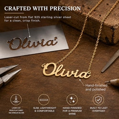 Personalized Vermeil Name Necklace – Custom 14K Gold Plated 925 Sterling Silver Name Necklace, Cursive Script Name Pendant, Handmade Gift for Women, Mom, Bridesmaid, Birthday Jewelry