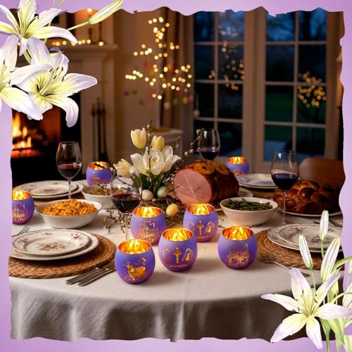 FoldTier 6 Pcs Easter Candle Holders He is Risen Tealight Votive Candle Holder for Table Centerpiece Christian Religious Glass Tealight Votive Easter Tabletop Decor for Home Altar Decoration - style: Easter