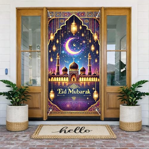Eid Mubarak Door Cover 71x35 in Crescent Mosque Lantern Decor - color: Colorful Banner#04