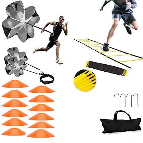 Agility Ladder, Speed Ladder, Speed Training Equipment Set, 20ft Agility Ladder, 12 Soccer Cones, Running Parachute, Basketball Football Soccer Training Equipment for Kids, Youth, Adults