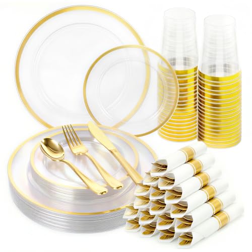 175pcs Plastic Dinnerware Set Clear & Gold - color: Gold, size: 175pcs（25guests）