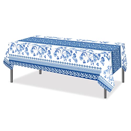 1 Pack Blue and White Porcelain Plastic Tablecloth, 54 x 87 Inch Long Rectangular Reusable Table Cover for Buffet, Chinese Style Birthday Party Holiday Dinner Picnic Wedding Kitchen Event Use - color: Blue and White Porcelain