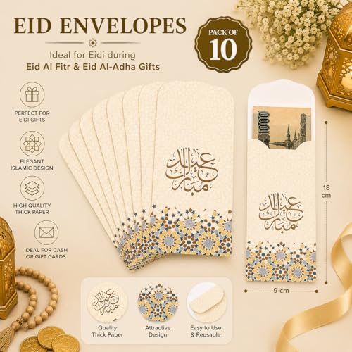 10 Pcs Printed Eid Mubarak Eidi Envelopes, Ramadan Eidi Envelope for Cash Money Holder, Eid al-Fitr Gifting Party Supplies