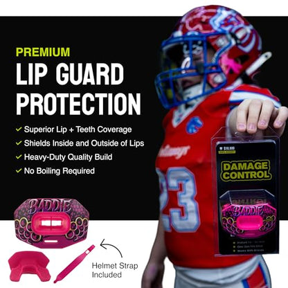 DAMAGE CONTROL Youth Football Mouth Guard – Breathable No Boil Mouthpiece, Protects Lips & Teeth, Works with Braces, Includes Helmet Strap – Sports Gear & Accessories (Baddie) - color: Baddie