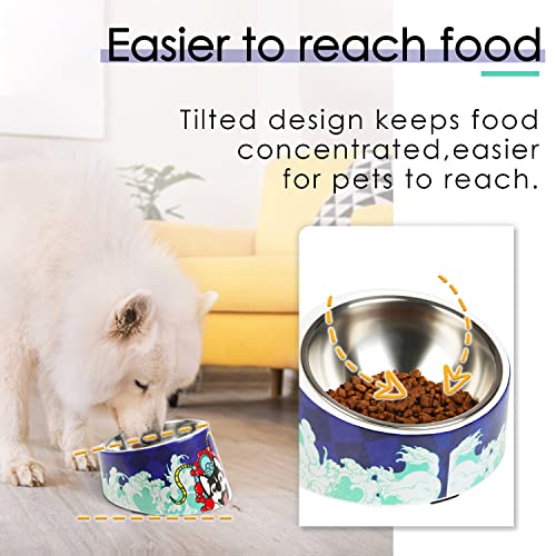 Super Design Mess Free 15° Slanted Bowl for Dogs and Cats, Tilted Angle Bulldog Bowl Pet Feeder, Non-Skid & Non-Spill, Easier to Reach Food - color: Drama Blue Pattern, size: S/0.5 Cup