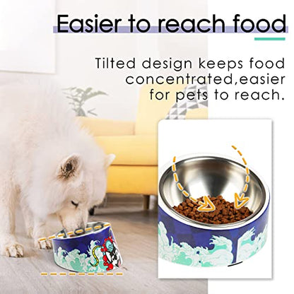 Super Design Mess Free 15° Slanted Bowl for Dogs and Cats, Tilted Angle Bulldog Bowl Pet Feeder, Non-Skid & Non-Spill, Easier to Reach Food - color: Drama Blue Pattern, size: S/0.5 Cup