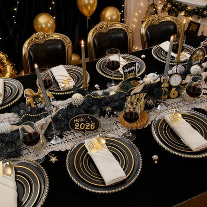 350 Pieces Black and Gold Plastic Plates with Disposable Silverware, Include 50 Dinner Plates 9”, 50 Dessert Plates 6.3”, 50 Black Cups 9 OZ, 50 Pre Rolled Napkins for New Year (Pack of 2) - color: Black - Modern, size: 350PCS (Pack of 2)