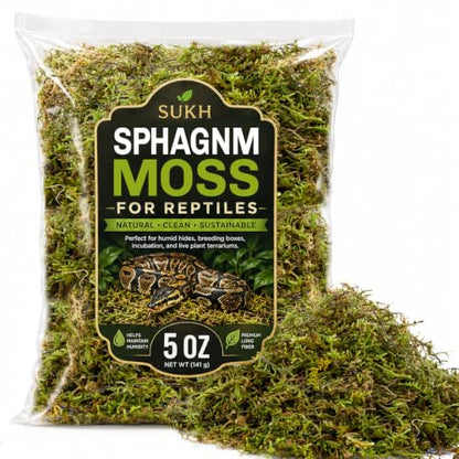 Sukh Sphagnum Moss for Reptiles - Green Terrarium Moss Substrate, 5oz | Habitat Bedding for Gecko, Snake, Turtle, Frog, Bearded Dragon, Jumping Spider, Chameleon, Enclosure & Tank Accessories Decor - size: 5 Ounces