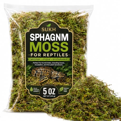 Sukh Sphagnum Moss for Reptiles - Green Terrarium Moss Substrate, 5oz | Habitat Bedding for Gecko, Snake, Turtle, Frog, Bearded Dragon, Jumping Spider, Chameleon, Enclosure & Tank Accessories Decor - size: 5 Ounces