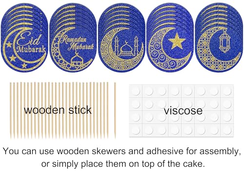 30 Pcs Eid Mubarak Paper Cupcake Decorations, Featuring a Shiny Gold and Blue Moon and Stars, Themed for Lslamic Muslim Parties