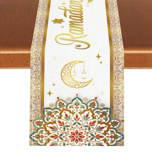 Ramadan Kareen Table Runner, Vintage Ramadan Mubarak Mosque Lantern Islamic Mandala Moon Luxury Seasonal Kitchen Dining Table Scarf for Kitchen Living Room Home Party Decor 13"x90" - color: Ramadan01, size: 13x90" Table Runner