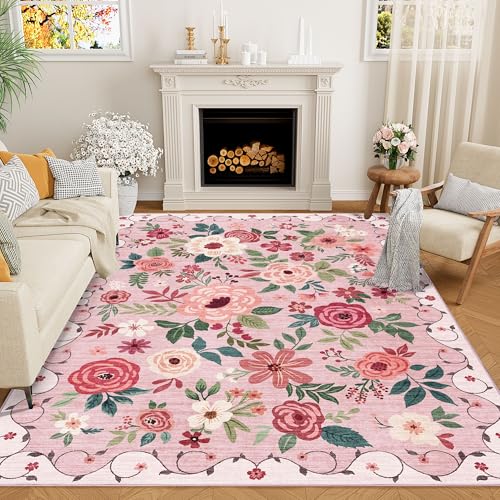 DUKINO 5x8 Area Rug for Bedroom, Soft Floral Washable Rug Non Slip, Pink - color: Pink, size: 5' x 8' (Rectangular)