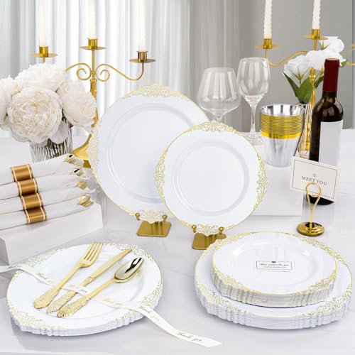 Realluck 350 Piece White and Gold Dinnerware Set for 50 Guests - color: White