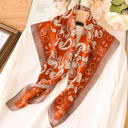 Sumolux Head Hair Scarf for Women Like Satin Silk Scarf Bandana Hair Wrapping Night Large Square Scarves 27.5" - color: Brick Red Cashew Nuts