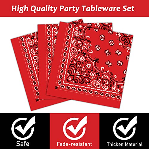 96 Pcs Red Bandana Western Party Plates Napkins Tableware Set Paisley Cowboy Cowgirl Farm Themed Supplies Disposable Dinnerware Western Decoration Favors for Kids Baby Shower Birthday, 24 Guests - style: Red Bandana Western Party